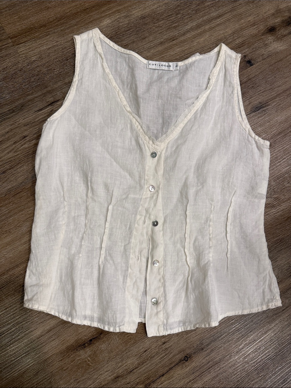 Women's Cream White Linen Button-Front V-Neck Tank